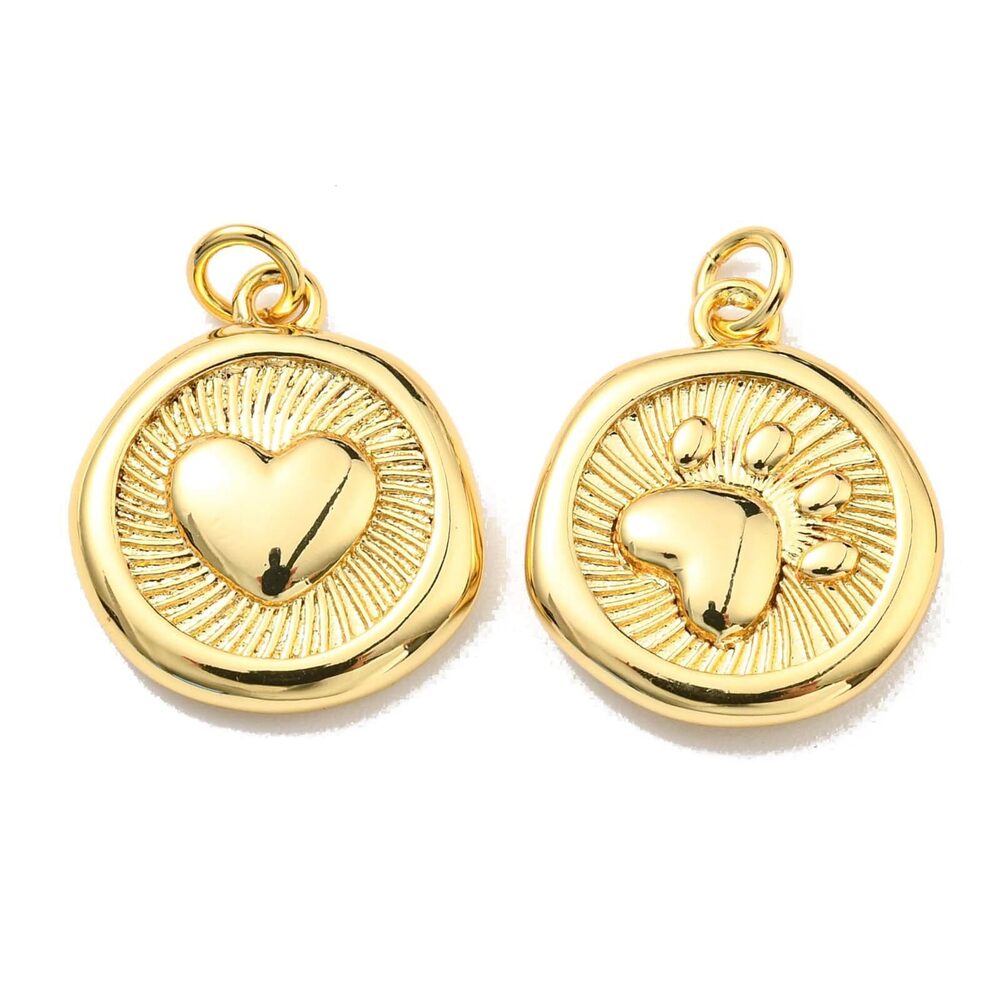2386 10 Pcs Brass Flat Round Charms Metal Heart Footprint Charms 18K Gold